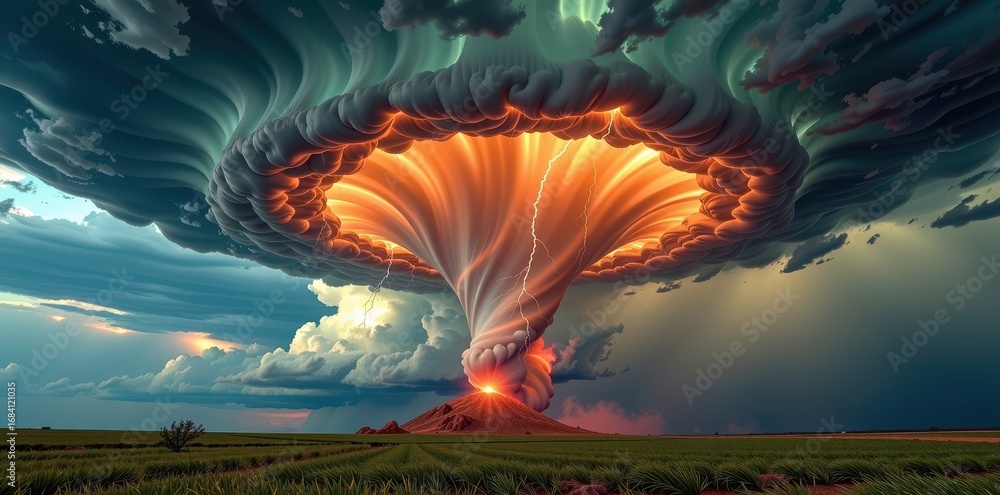 Imposing supercell thunderstorm rotating violently, generating a ...