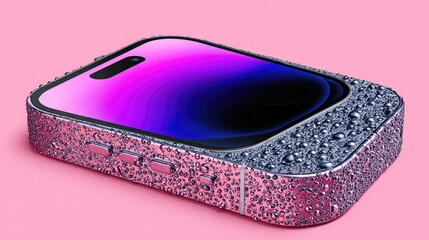 A stylized, water-covered smartphone rests on a pink surface.  The phone's metallic frame is textured with water droplets, and the display shows a gradient of vibrant colors.  Close-up view