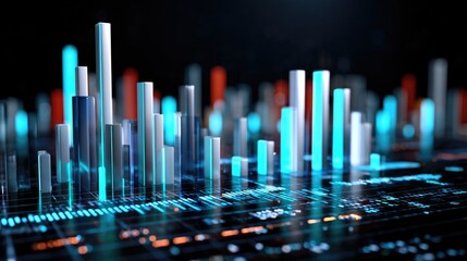 An abstract representation of data visualization featuring colorful bars rising and falling against a dark backdrop
