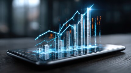 A smartphone displaying a digital graph, showcasing growth and analytics in a modern workspace. This image symbolizes innovation, data tracking, and financial progress.