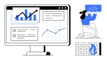 Large monitor displaying charts, graphs, and progress checklists. Woman coding near shield firewall. Ideal for analytics, coding education, cybersecurity, data tracking, tech programming simple