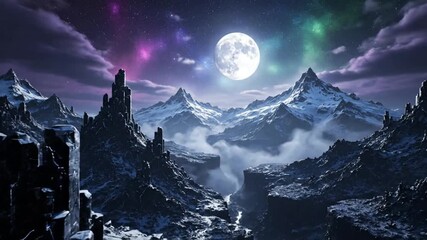 Celestial phenomena over a rugged, snow-covered mountain range, with a full moon illuminating the dramatic, rocky terrain and deep canyon