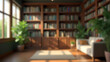© narumon - Blurred view of a modern home library with dark wooden bookshelves filled with books and green plants.