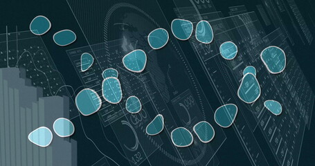 Wall Mural - displaying teal markers over digital interface with panels, bar chart, readouts, gauge schematics