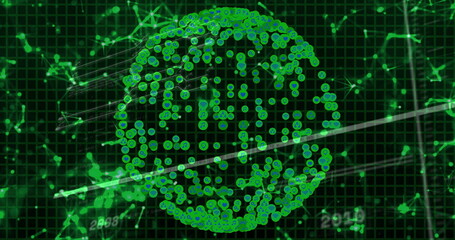 Wall Mural - Displaying spherical green node network at digital grid interface, with diagonal scanning lines