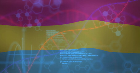 Wall Mural - showing red-orange dna helix on digital background, with white code blocks and molecular hexagons