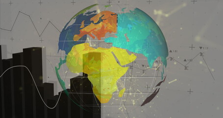 Wall Mural - displaying stylized 3d globe rotating in virtual data interface, with bar and line charts and nodes