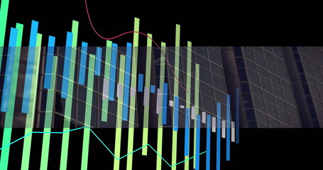 Wall Mural - Animating financial chart over facade grid on financial dashboard, showing bars and line graphs