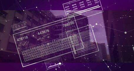 Wall Mural - projecting digital data overlay animating over downtown street canyon, with numeric readout panels
