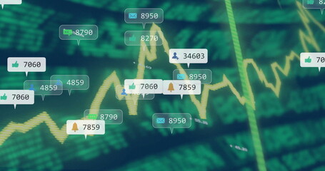 Wall Mural - Displaying yellow line chart fluctuating on digital dashboard, with overlaid social media icons