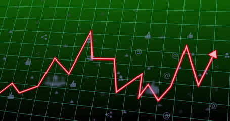 Wall Mural - Neon red jagged line graph trending upward on dashboard, with green grid, social media icons
