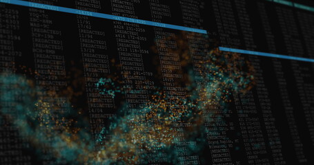 Wall Mural - Animating glowing teal particles swirling over interface, with redacted code columns and bars