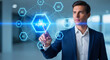 © Air stock - Man interacts with glowing AI agents network visualization, exploring future technology and digital innovation.