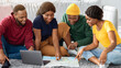 © Prostock-studio - Smiling black friends sitting on floor at home, planning summer vacation, using map and laptop. Group of african american young men and women travellers booking flights and hotels