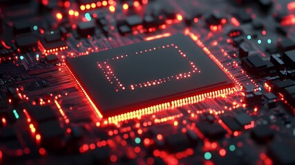 Edge AI integration pipeline animation. Close-up view of a glowing microchip on a circuit board with red lights