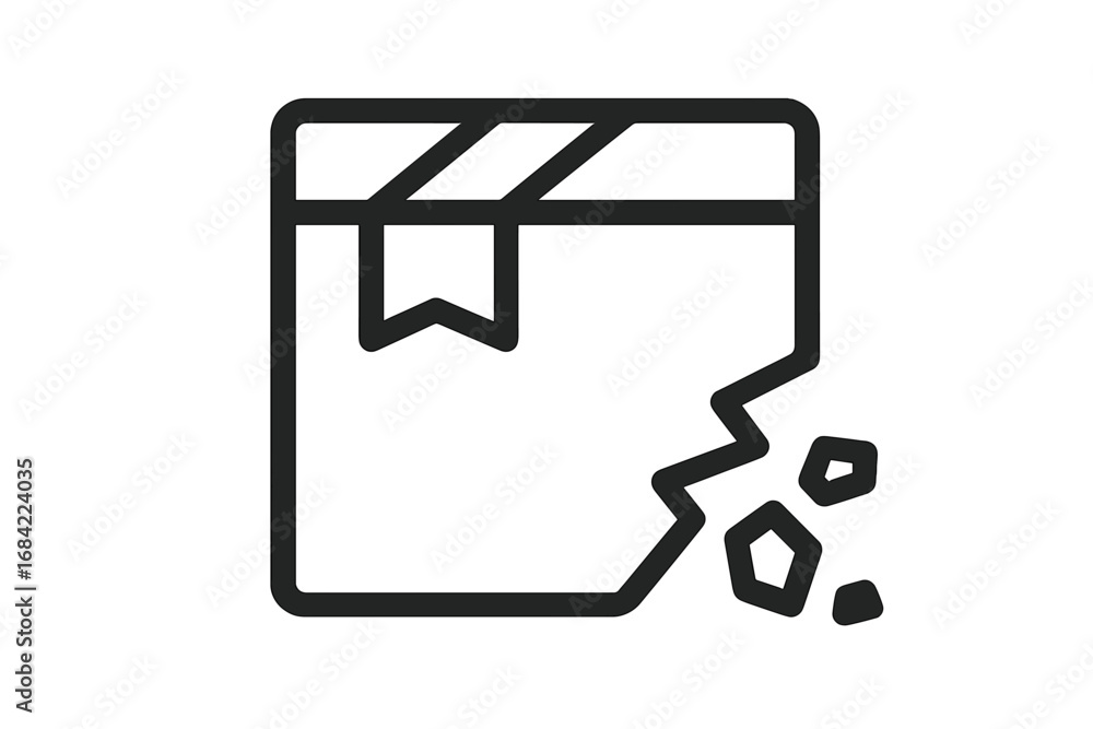 Minimalistic broken box icon with shattered fragments, vector cartoon ...