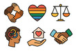 © Marie - Vector icon set of diversity, equity, and inclusion symbols. Concepts of racial equality, lgbtq pride, mental health, justice, and community support. Multicultural teamwork.