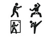 © Jane - Martial arts training icon set. Vector pictograms of solo practice, shadowboxing, karate kata stance, mirror training, and high kick. Combat sport & self-defense concept.