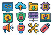 © Danja - Technology icon set. Vector cartoon icons for web development, cloud computing, data storage and security. Digital concepts like server, network, analysis and programming.
