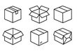 © Fabian - Cardboard box icon set. Shipping package and parcel line art collection. Open and closed delivery boxes. Simple linear vector illustration with editable stroke for web or apps.