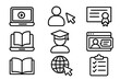 © mario - E-learning and online education line icon set. Course, webinar, certificate, graduation, and student symbols. Vector distance learning and knowledge pictogram collection.
