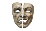 Broken mask showing happy and sad emotions on transparent background