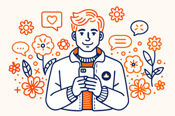 Young man smiling while holding smartphone surrounded by cheerful flowers and social media icons