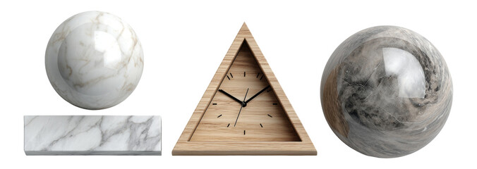 Isolated 3D Objects Including Marble Sphere, Wooden Clock, and Triangle Shape
