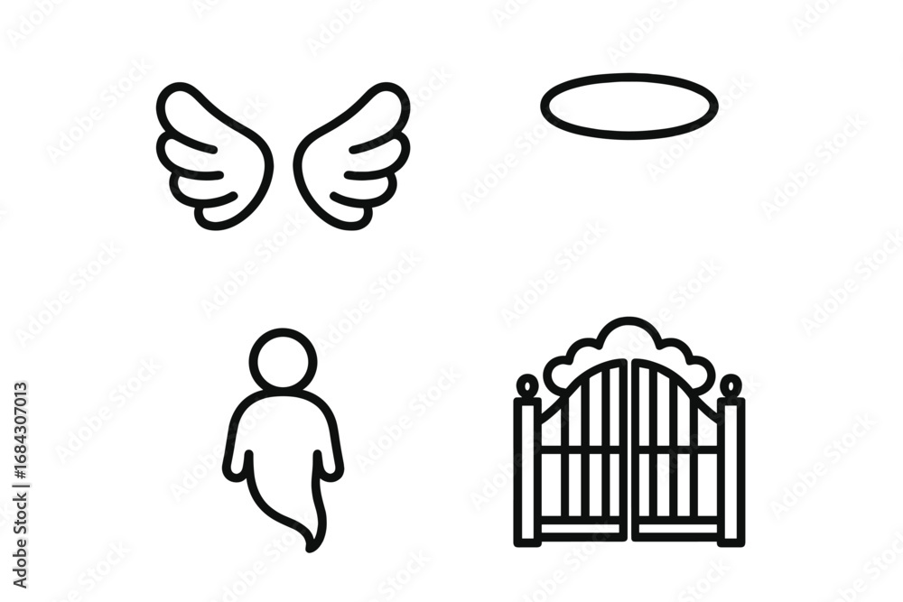 Stock-Vektorgrafik „Afterlife and heaven outline icon set. Simple ...
