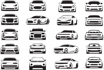 black and white car icons vector set featuring 20 stylized car silhouettes in grid layout for automo