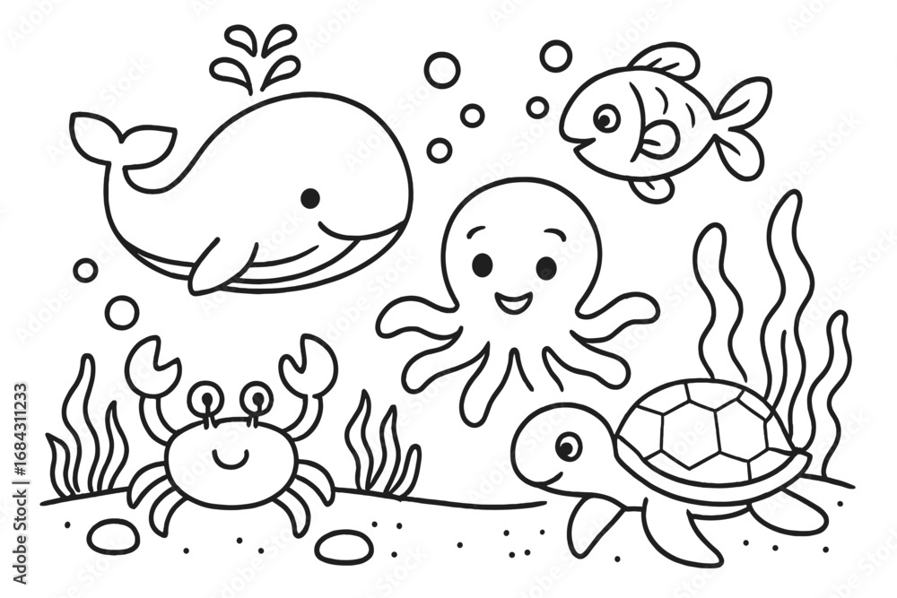 Cute sea animals coloring page for kids. Cartoon outline vector ...