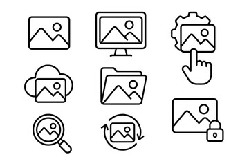 Photo management line icon set. Image gallery and picture tools collection. Vector pictograms for digital media library, cloud storage, album, search, and photo security.