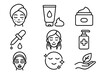 © Marlene - Skincare line icon set. Beauty, cosmetic and dermatology symbols. Face care, hygiene and wellness routine. Natural treatment pictogram collection. Vector outline illustration.