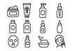 © Angle - Skin care and beauty outline icon set. Vector collection of cosmetic products for face cleansing routine. Cream, serum, lotion, soap, spray and face mask line art symbols.
