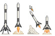 © Susannah - Reusable rocket launch and landing sequence. Vector cartoon illustration set showing multiple stages: liftoff, flight, stage separation, and booster landing. Space technology.