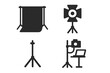 © Elwin - Studio Photography Icons Set, Solid Filled Vector Illustrations of Professional Photography Backdrop Frame, Spotlight, Tripod, C-Stand, Tethered Camera Setup, Cartoon Style