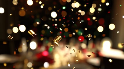 Festive confetti falling against a blurred background of bokeh lights and candles.