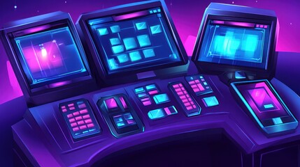 Futuristic control panel with glowing screens and buttons in a dark space setting.