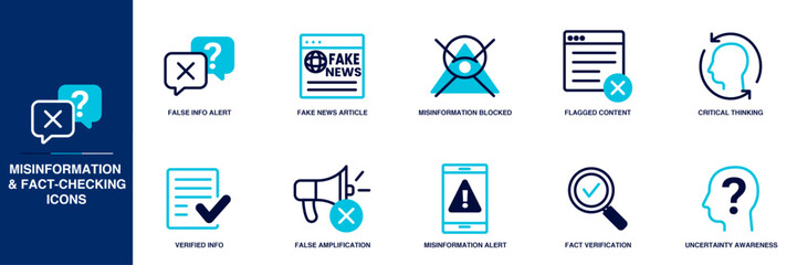 Misinformation & fact-checking Blue Colored Outline Icon Set