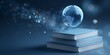 © Rifqi - Stack of light blue books with a digital globe hovering above in a dark blue atmosphere, concept for global education, international studies, and learning resources