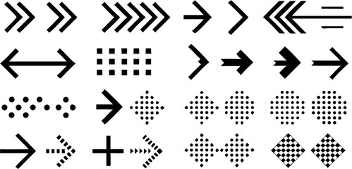 Vector illustration of various arrow designs and directional indicators in black on a white background layout style