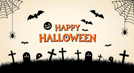 Celebrate spooky season with this Happy Halloween design featuring bats, spiders, and a graveyard scene perfect for invitations and social media posts