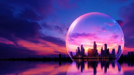 Wall Mural - Stunning sunset over a city skyline encapsulated in a transparent bubble reflecting vibrant colors
