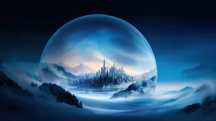 Wall Mural - a futuristic city encapsulated within a glowing dome, surrounded by serene mountains and misty lands