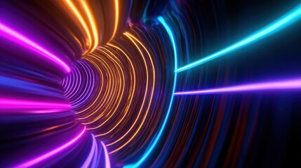 Wall Mural - Vibrant neon light tunnel with swirling colors creating a dynamic visual experience in a futuristic setting