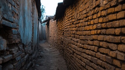 Wall Mural - narrow alleyway between brick walls at dusk, showcasing rustic architecture and quiet surroundings