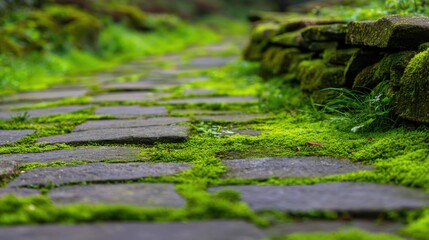 Wall Mural - Tranquil stone pathway surrounded by lush green moss and vibrant foliage in a serene outdoor setting