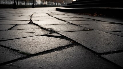 Wall Mural - close-up of cracked pavement in a quiet urban park, with trees and soft lighting in the background