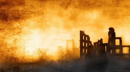 Wall Mural - Ruins of a dilapidated building silhouetted against a dramatic orange sunset with trees in the background