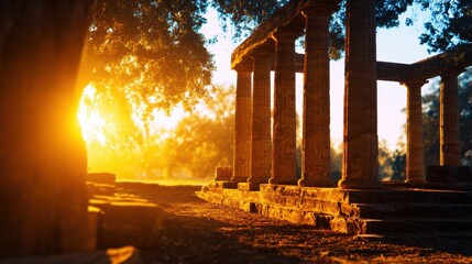 Wall Mural - serene sunrise illuminating ancient stone pillars in a tranquil landscape with lush trees nearby